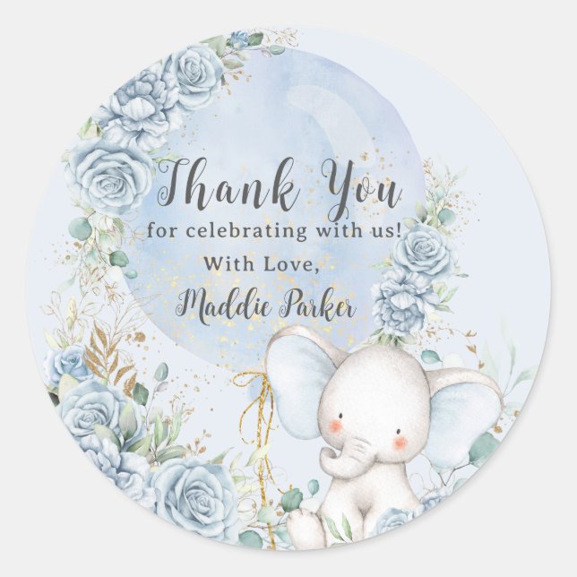 Soft Blue Floral Balloon Elephant Boy Baby Shower Classic Round Sticker (Front)