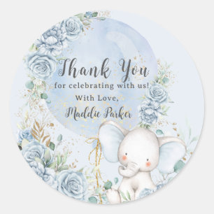 Soft Blue Floral Balloon Elephant Boy Baby Shower Classic Round Sticker