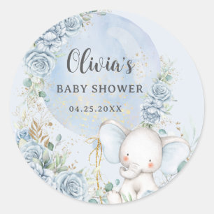 Soft Blue Floral Balloon Elephant Boy Baby Shower Classic Round Sticker