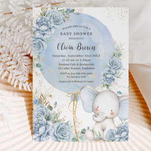 Soft Blue Floral Balloon Elephant Boy Baby Shower Invitation