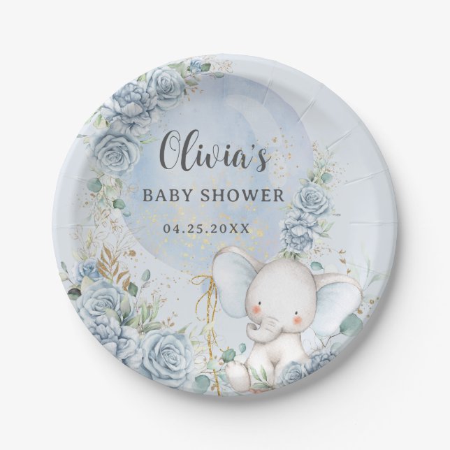 Soft Blue Floral Balloon Elephant Boy Baby Shower Paper Plates (Front)