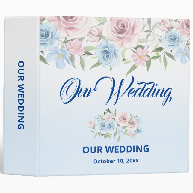 Soft Blue Floral Boho Wedding Album 3 Ring Binder (Front/Spine)