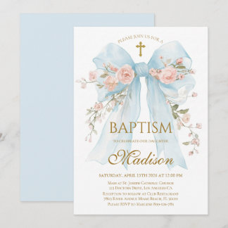 Soft Blue Floral Bow Baby Girl Baptism Elegant Invitation