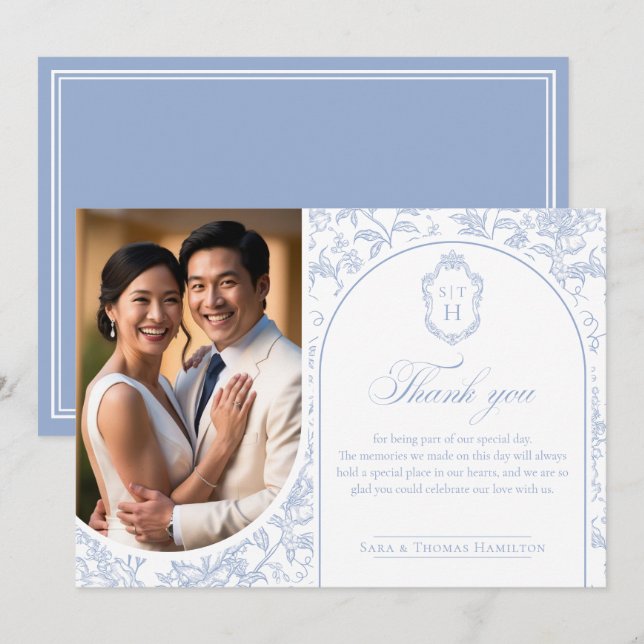 Soft Blue Floral Chinoiserie Monogram Wedding Thank You Card (Front/Back)