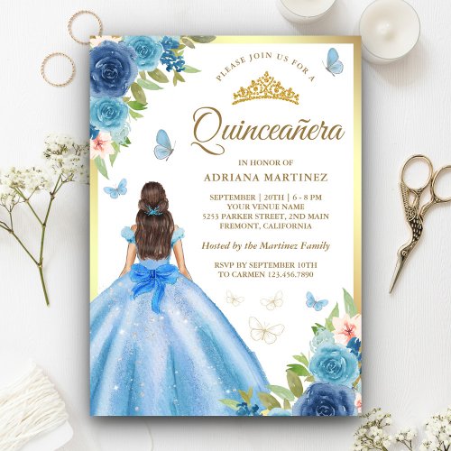 Soft Blue Floral Dress Butterfly Gold Quinceanera  Invitation