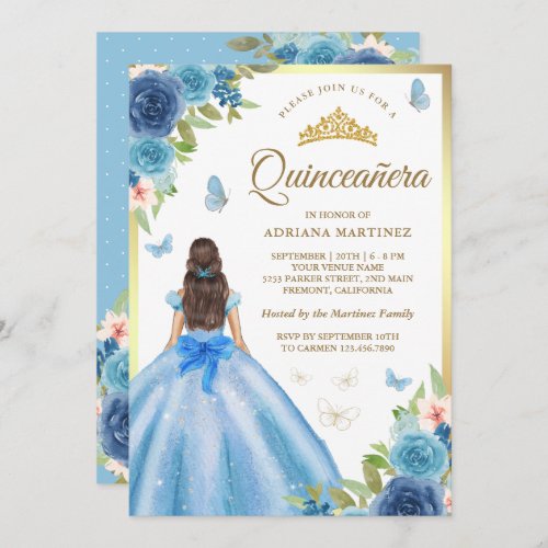 Soft Blue Floral Dress Butterfly Gold Quinceanera  Invitation