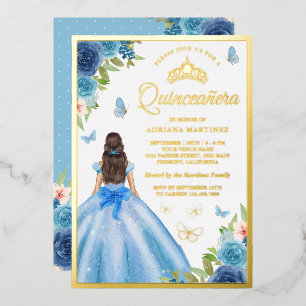 Soft Blue Floral Dress Butterfly Quinceanera Gold Foil Invitation