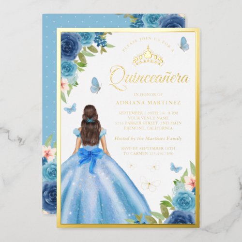 Soft Blue Floral Dress Butterfly Quinceanera Gold  Foil Invitation