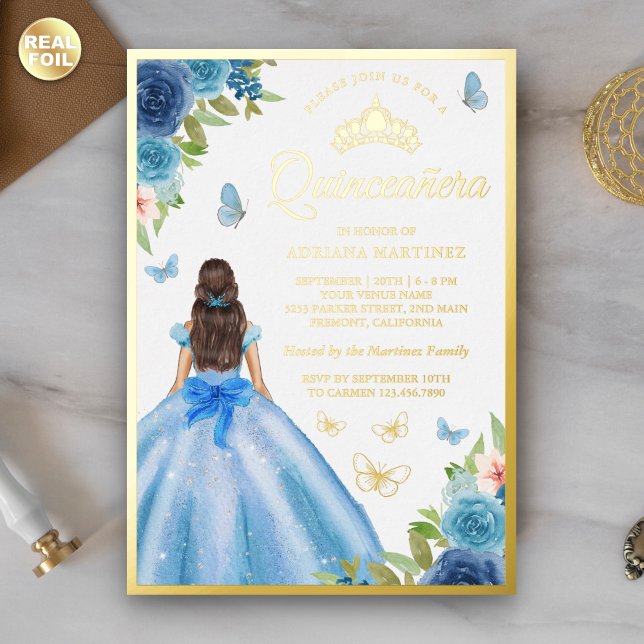 Soft Blue Floral Dress Butterfly Quinceanera Gold  Foil Invitation (Creator Uploaded)