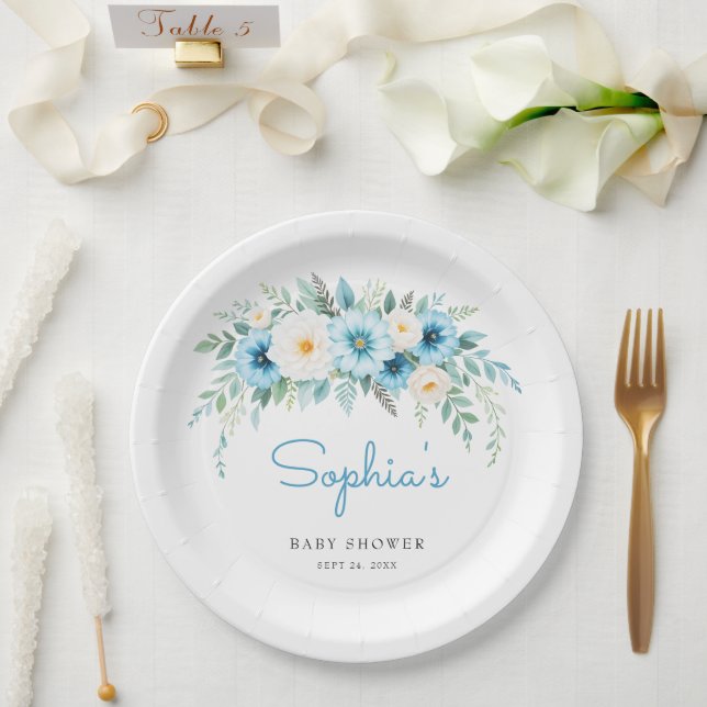 Soft Blue Floral Elegant Baby Shower Party Paper Plates (Wedding)