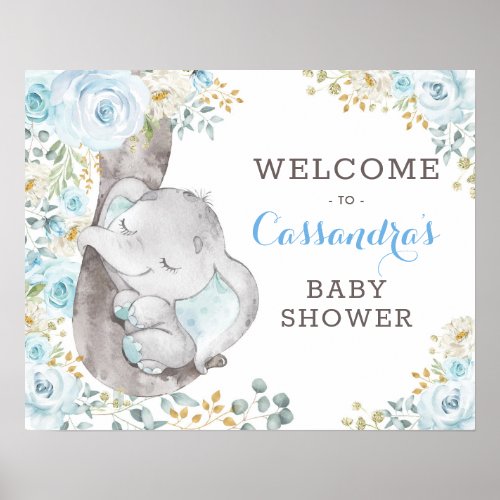 Soft Blue Floral Elephant Baby Shower Welcome Poster