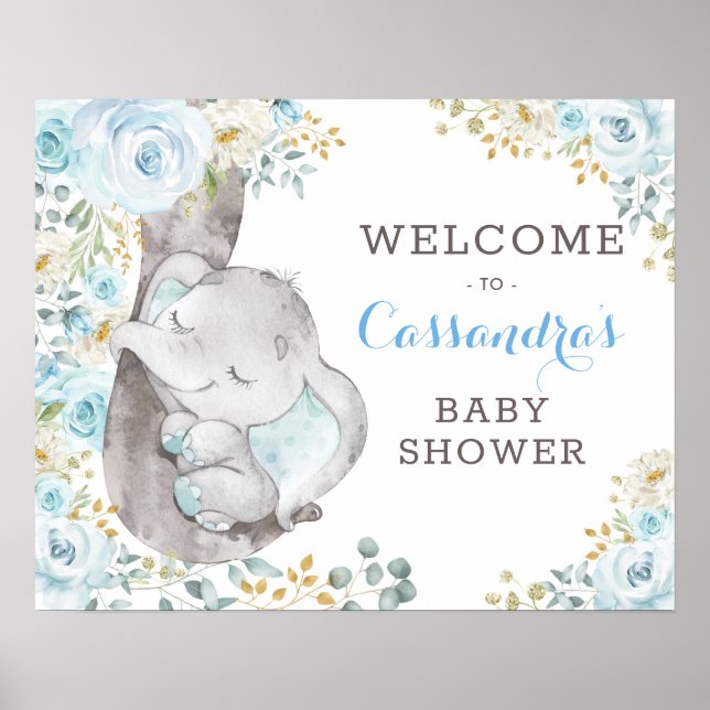 Soft Blue Floral Elephant Baby Shower Welcome Poster (Front)