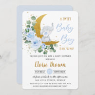 Soft Blue Floral Elephant Sweet Baby Boy Shower Invitation