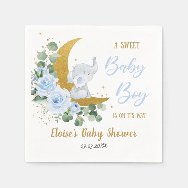 Soft Blue Floral Elephant Sweet Baby Boy Shower Napkins (Front)