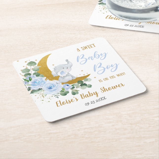 Soft Blue Floral Elephant Sweet Baby Boy Shower Square Paper Coaster (Angled)