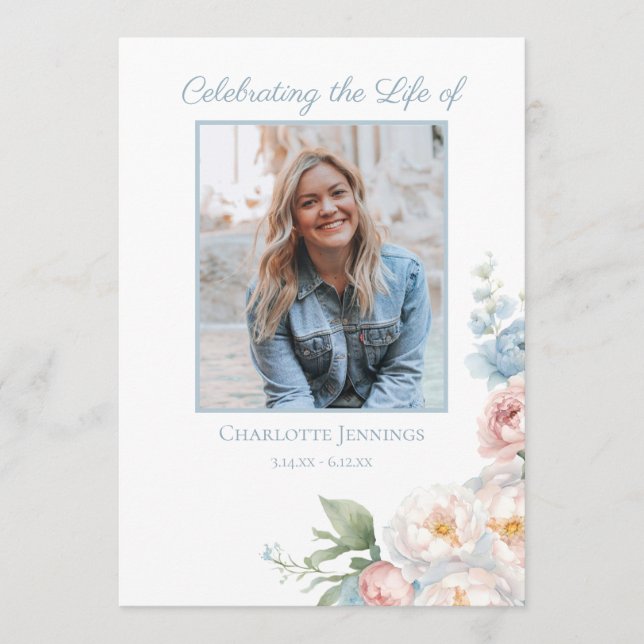 Soft Blue Floral Funeral Memorial Order of Service Program (Front)