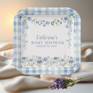 Soft Blue Floral Gingham Baby Shower Paper Plates