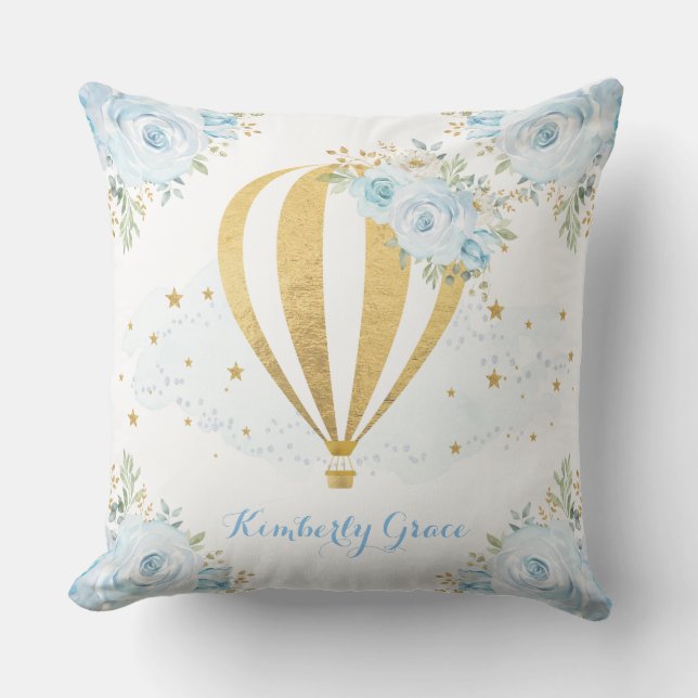 Soft Blue Floral Gold Hot Air Balloon Baby Nursery Throw Pillow (Front)