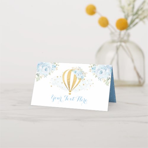 Soft Blue Floral Hot Air Balloon Adventure Shower Place Card