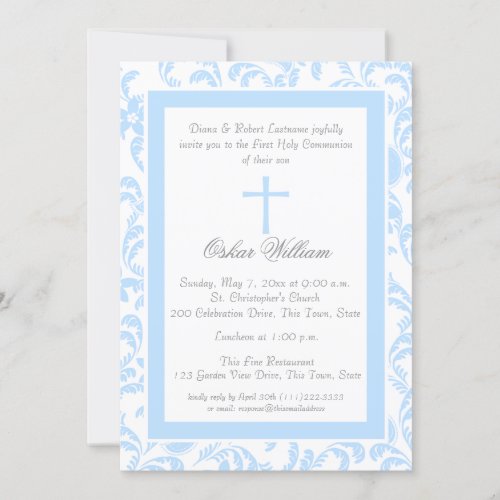Soft Blue Floral Paisley First Communion Invitation