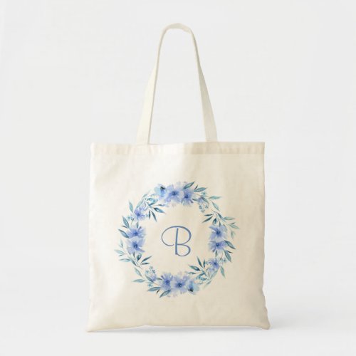 Soft blue floral wreath personalized gift tote bag