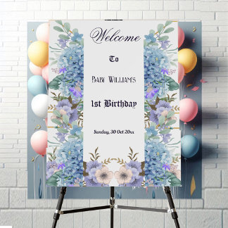Soft Blue Flower Hydrangea 1st Birthday Welcome  Foam Board