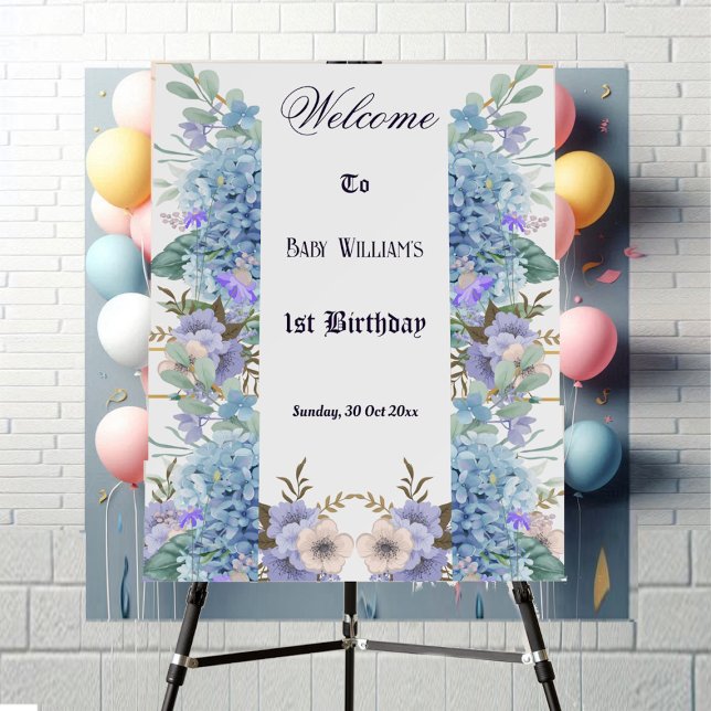 Soft Blue Flower Hydrangea 1st Birthday Welcome  Foam Board (Soft Blue Flower Hydrangea 1st Birthday Welcome Foam Board)