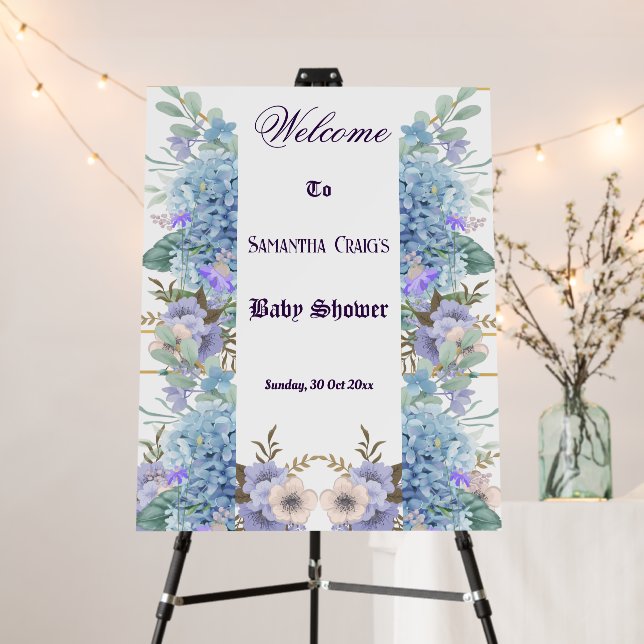 Soft Blue Flower Hydrangea Baby Shower Welcome  Foam Board (In Situ (Stand))