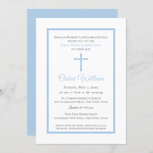 Soft Blue Frame First Communion Invitation | Zazzle