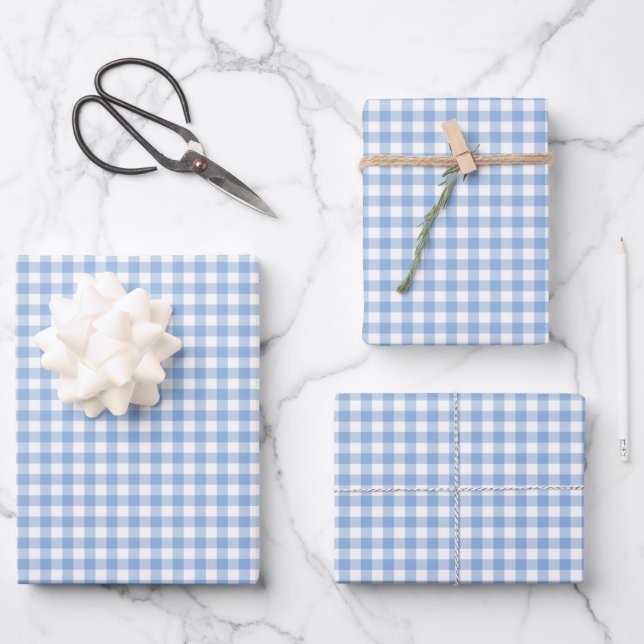 Soft Blue Gingham Check Pattern Wrapping Paper Sheets (Front)