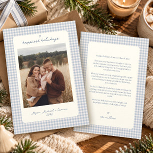 Soft Blue Gingham Family Photo Christmas Letter Holiday Card
