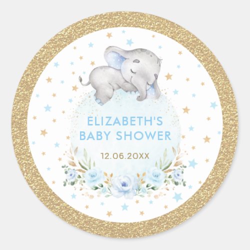 Soft Blue Gold Boy Elephant Baby Shower Favors Classic Round Sticker