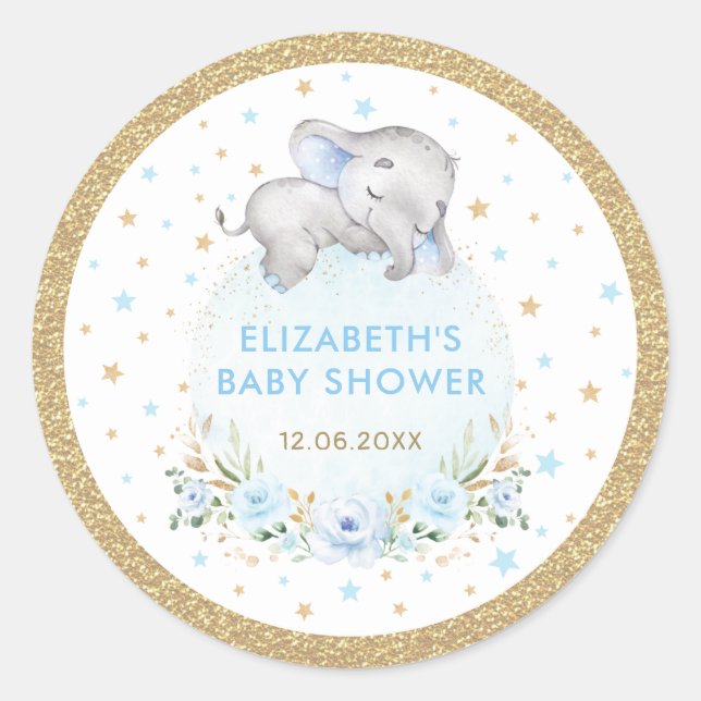 Soft Blue Gold Boy Elephant Baby Shower Favors Classic Round Sticker (Front)