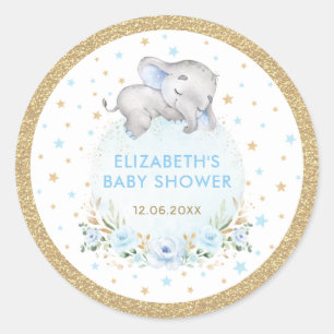 Soft Blue Gold Boy Elephant Baby Shower Favors Classic Round Sticker