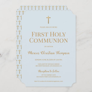 Soft Blue Gold Cross Boy First holy communion Invitation