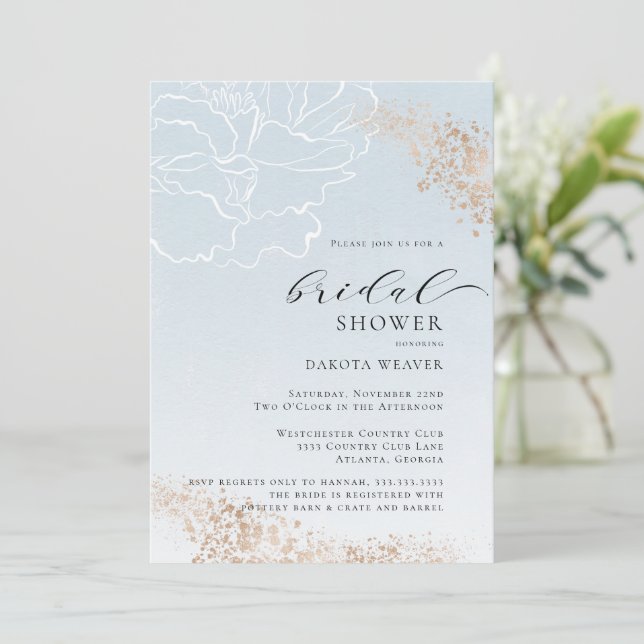 Soft Blue Gold Floral Bridal Shower Invitation (Standing Front)