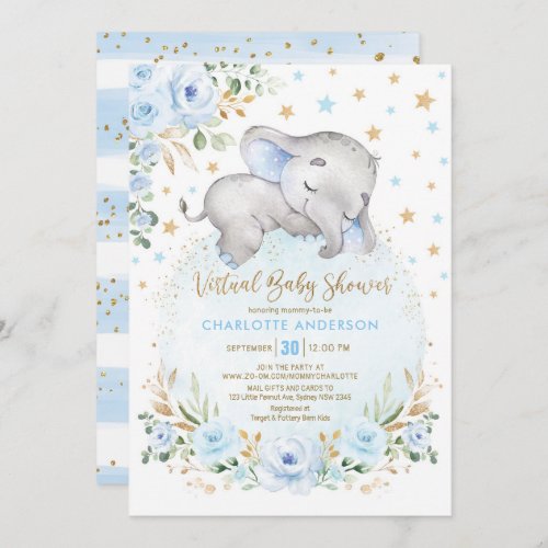 Soft Blue Gold Floral Elephant Virtual Baby Shower Invitation