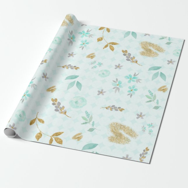 Soft Blue Gold Glitter Watercolor Floral Wrapping Paper (Unrolled)