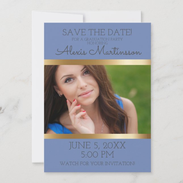 Soft Blue Gold Graduation Party Save Date Photo Save The Date (Front)