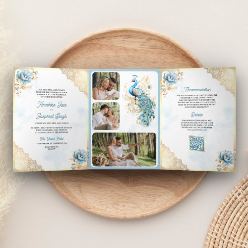 Soft Blue Gold Lace Floral Indian Peacock Wedding Tri_Fold Invitation