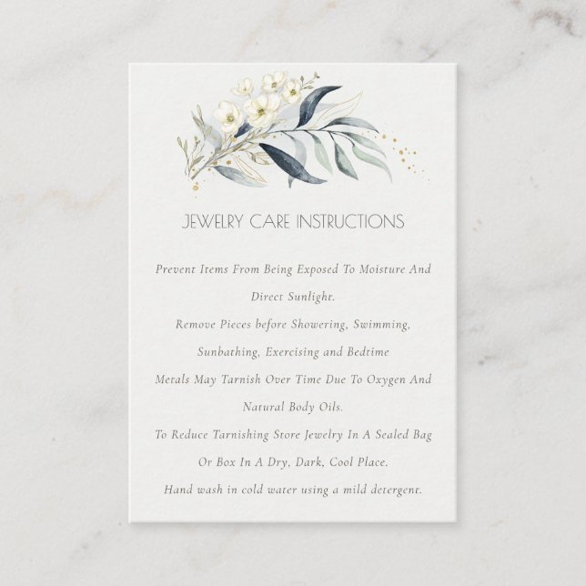 Soft Blue Gold Leafy Botanical Jewelry Care Business Card (Front)
