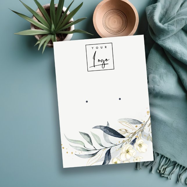 Soft Blue Gold Leafy Botanical Logo Earring Holder Business Card (Creator Uploaded)