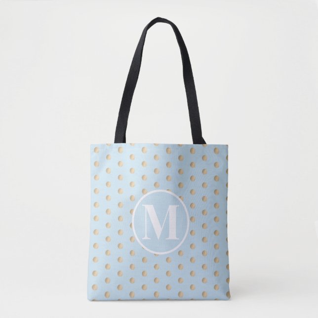 Soft Blue Gold Polka Dots White Monogram Tote Bag (Front)
