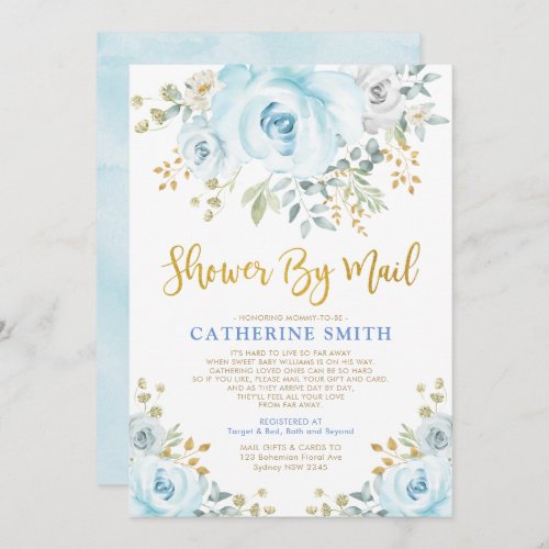 Soft Blue Gold Roses Baby Shower By Mail Virtual Invitation