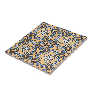 Soft Blue Gray Cream Yellow Brown Ethnic Tribe Art Ceramic Tile