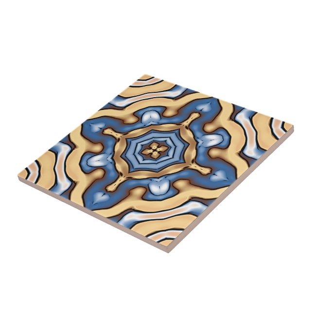 Soft Blue Gray Cream Yellow Brown Ethnic Tribe Art Ceramic Tile (Side)