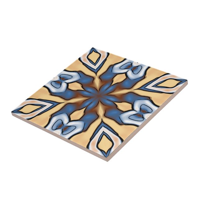 Soft Blue Gray Cream Yellow Brown Ethnic Tribe Art Ceramic Tile (Side)