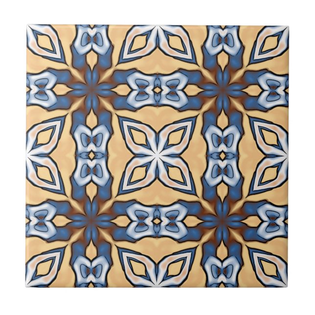 Soft Blue Gray Cream Yellow Brown Ethnic Tribe Art Ceramic Tile (Front)