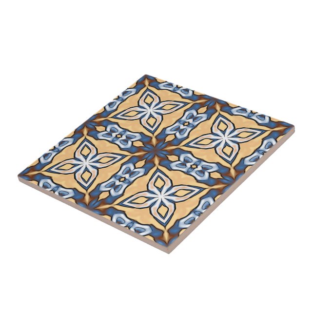 Soft Blue Gray Cream Yellow Brown Ethnic Tribe Art Ceramic Tile (Side)
