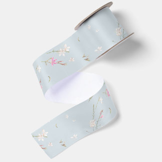 Soft Blue Gray Gaura Watercolor Floral Satin Ribbon